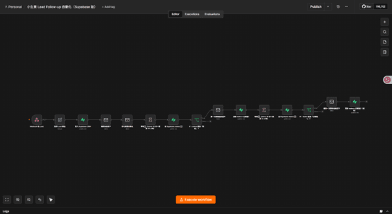 Screenshot of the lead follow-up automation workflow on the n8n canvas, showing the lead-logging and scheduled follow-up nodes wired together.